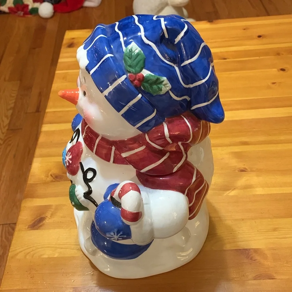 Vintage Houston Harvest, Snowman cookie jar, Blue Willow, EUC
